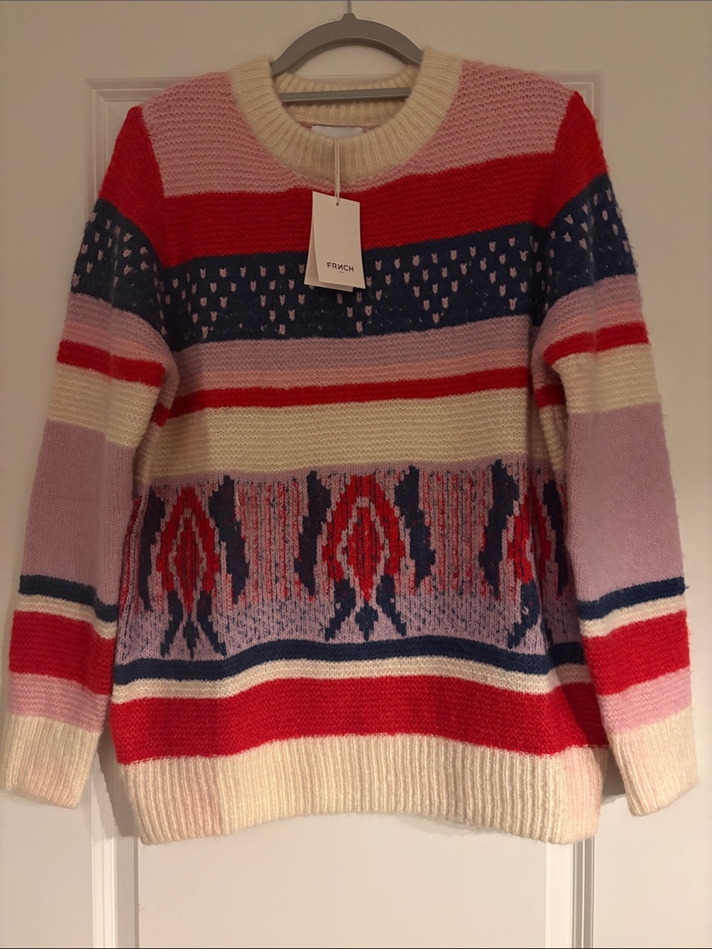 FRNCH Multicolor Patterned Crewneck Sweater - Pink, Red, Navy, Cream